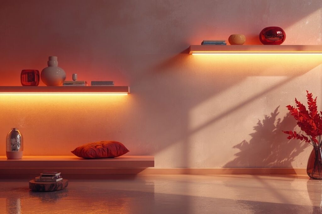 LED strip lights under floating shelves.