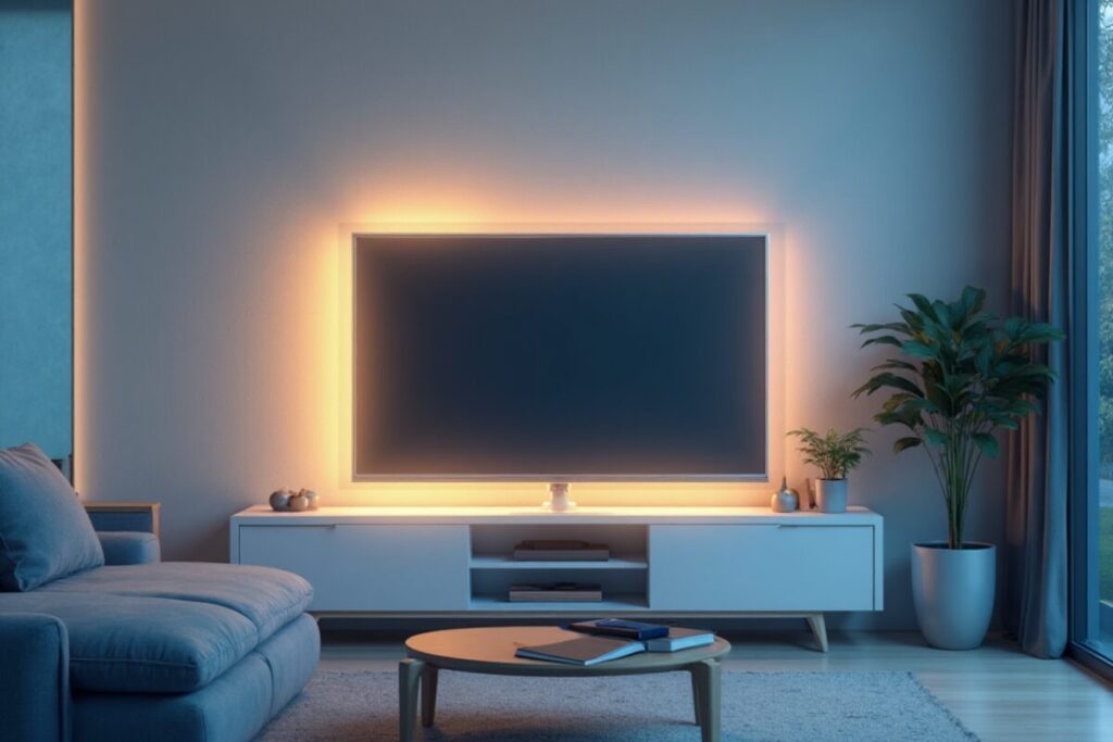 LED strip lights behind TV unit.